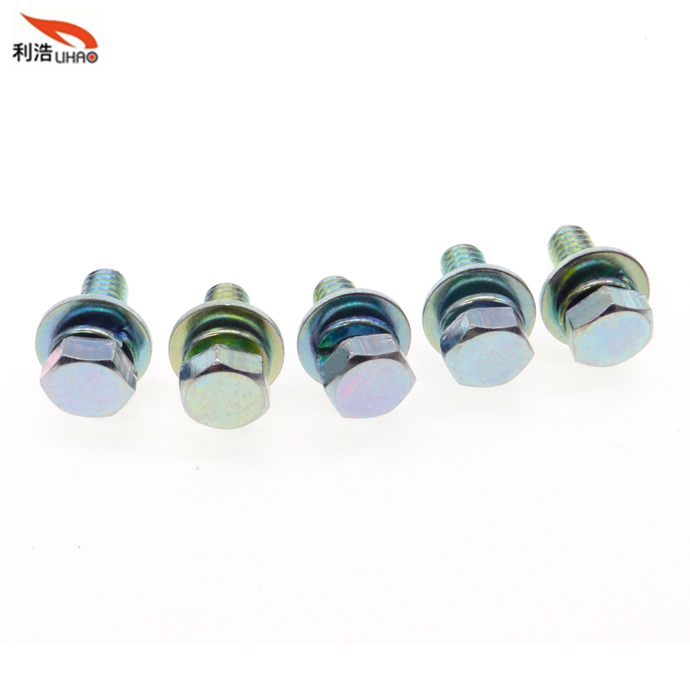 M6*15 Colored Zinc-Plated Carbon Steel Flat Hexagon Head Spring Washer and Flat Washer Sem/Combination Screw