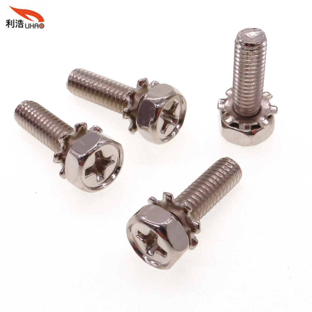 M4*14 Nickel-Plated Carbon Steel Phillips/Crosss Hexagon Head Toothed Washer Antiskid Sem/Combination Screw