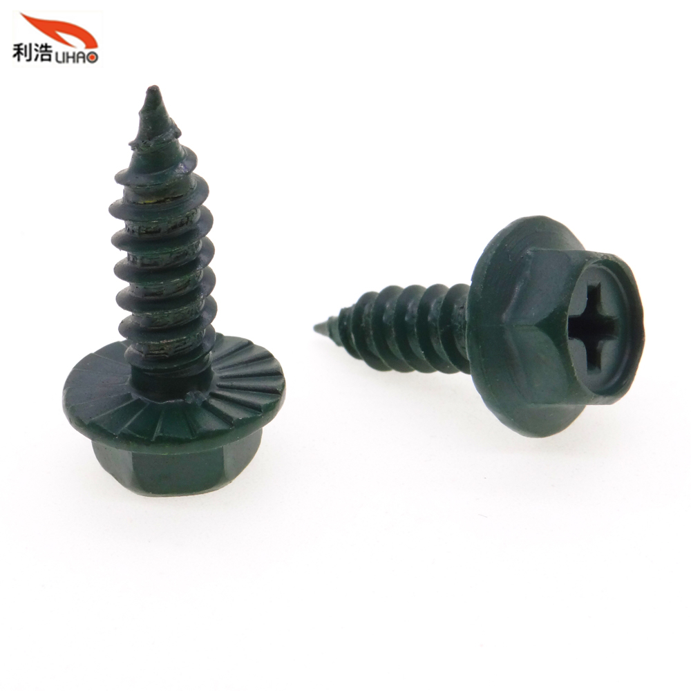 St5*16 Dark Green Carbon Steel Phillips/Crosss Indented Hexagon Washer/Flange Head Antiskid Self-Tapping/ Wood Screw