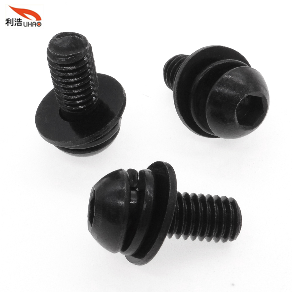 M6*15 Black Zinc-Plated Carbon Steel Hexagon Socket Brazier Head Spring Washer and Flat Washer Customizable Screw Sem/Combination Screw