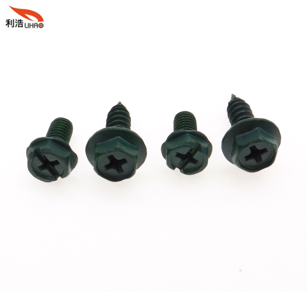 St5*16 Dark Green Carbon Steel Phillips/Crosss Indented Hexagon Washer/Flange Head Antiskid Self-Tapping/ Wood Screw