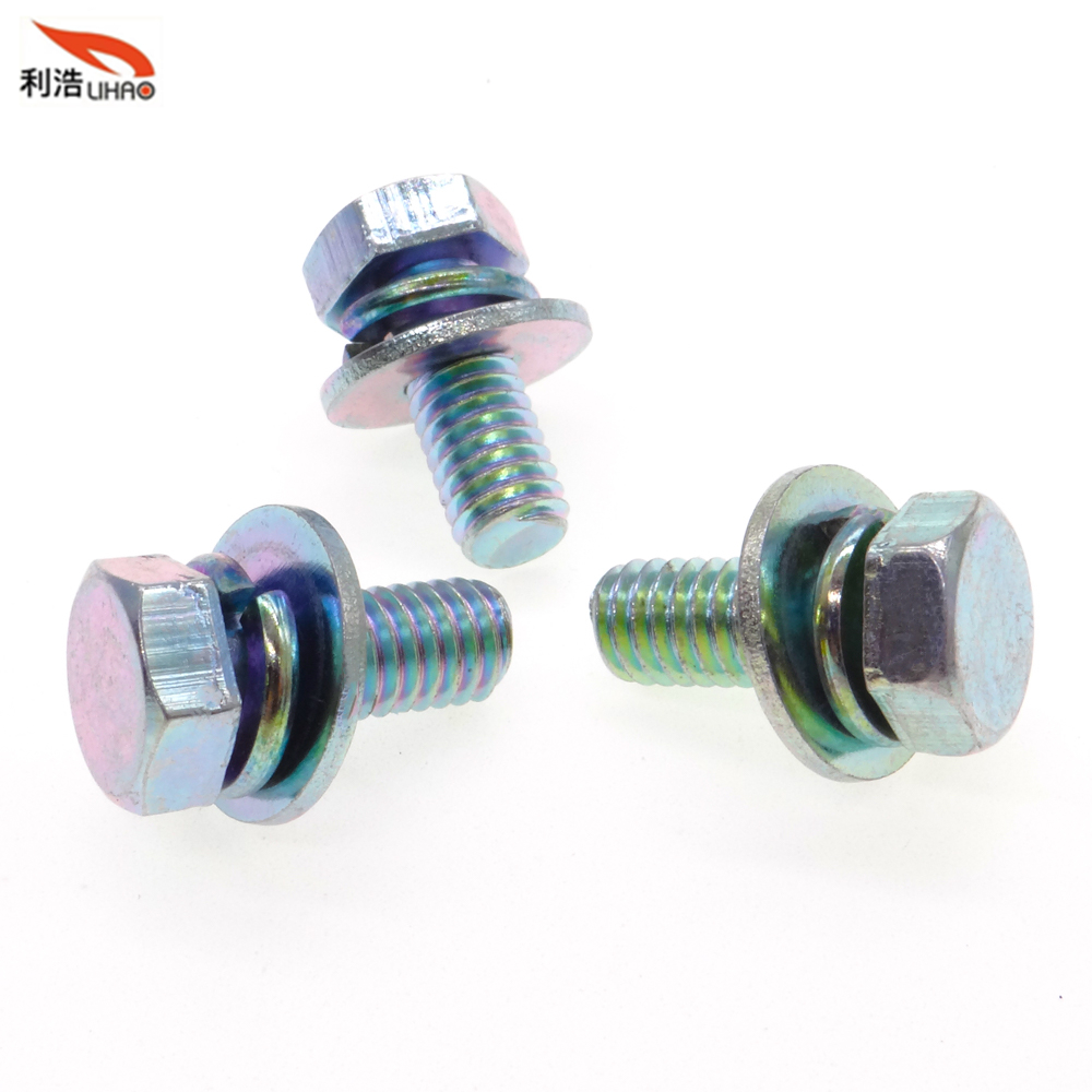 M6*15 Colored Zinc-Plated Carbon Steel Flat Hexagon Head Spring Washer and Flat Washer Sem/Combination Screw