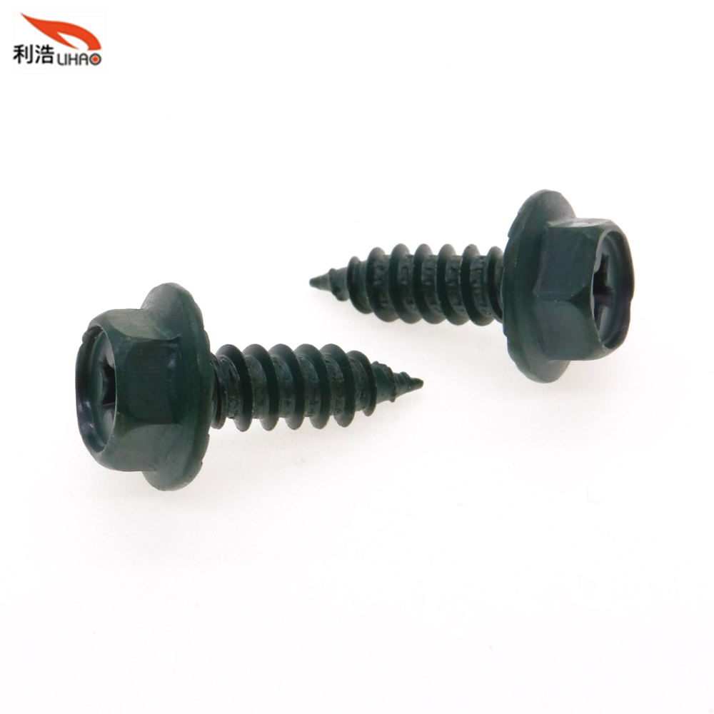 St5*16 Dark Green Carbon Steel Phillips/Crosss Indented Hexagon Washer/Flange Head Antiskid Self-Tapping/ Wood Screw