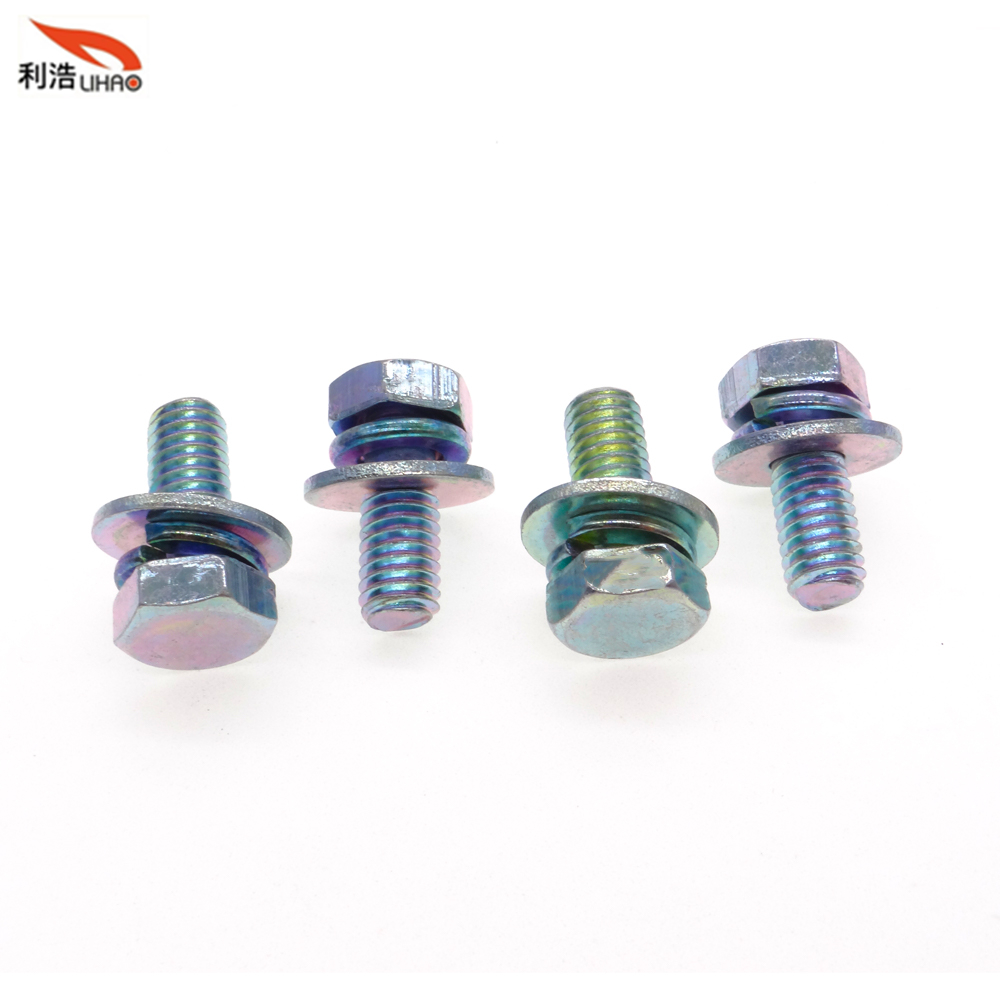 M6*15 Colored Zinc-Plated Carbon Steel Flat Hexagon Head Spring Washer and Flat Washer Sem/Combination Screw