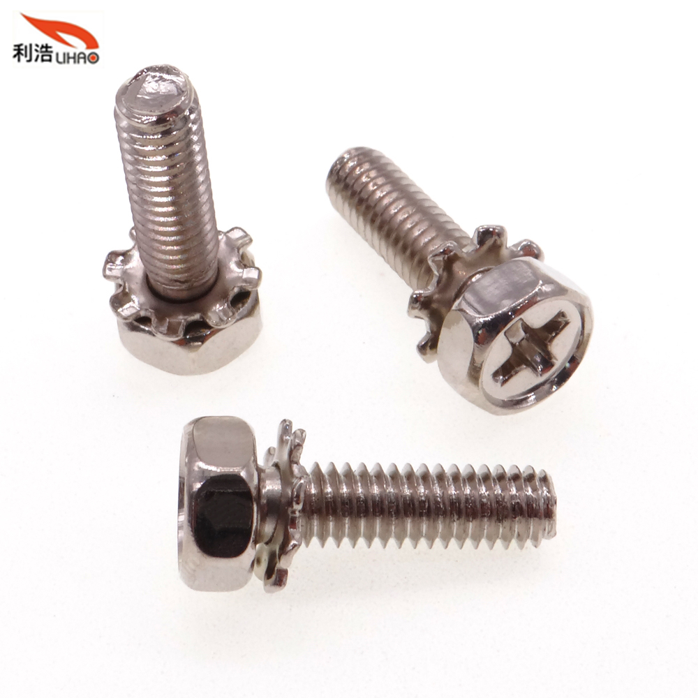 M4*14 Nickel-Plated Carbon Steel Phillips/Crosss Hexagon Head Toothed Washer Antiskid Sem/Combination Screw