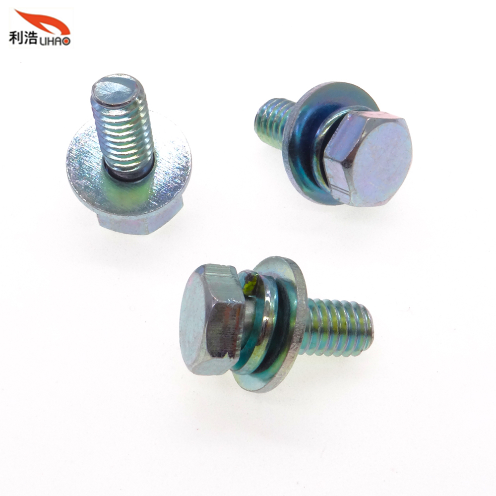 M6*15 Colored Zinc-Plated Carbon Steel Flat Hexagon Head Spring Washer and Flat Washer Sem/Combination Screw